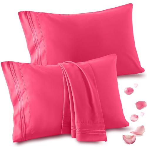 Vonty 2 Pack Hot Pink Queen Pillowcases, 20x30, 1800 Microfiber - Envelope Closure No Hair Tangles, Embroidered Design, Breathable Moisture-Wicking, Gentle on Hair & Skin, Machine-Washable