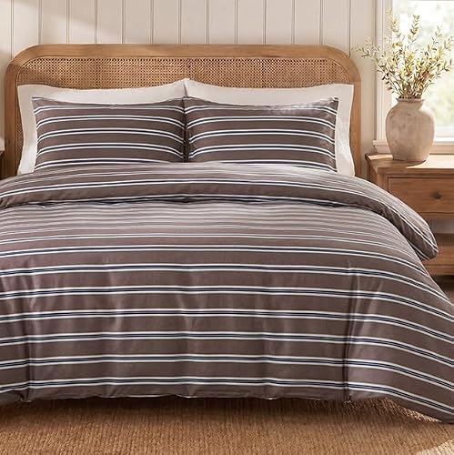 Herside 100% Cotton Double Gauze Striped Duvet Cover Set Queen Size,Dark Brown Stripe Soft Breathable Cotton Bedding Set Modern Vintage 3 Piece Quilt Duvet Set for All Seasons