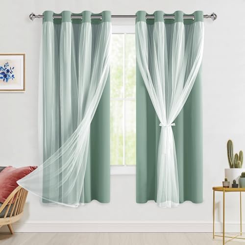 Hiasan Blackout Curtains with Sheer Overlay, Thermal Insulated Privacy Mix & Match Double Layer Window Curtains for Girls Bedroom, Living Room, 2 Drape Panels with Tiebacks,Light Sage, 52W X 63L