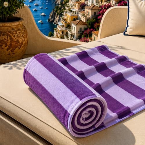PETTI Artigiani Italiani - Microfibre Beach Towel, Beach or Pool Towel, Beach Towel, Large 90 x 180 cm, Purple Lilac Stripes
