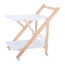Relaxdays serving trolley, bamboo, folding kitchen trolley, bottle holder, 2 shelves, HxWxD 70x44x39.5 cm, white-natural