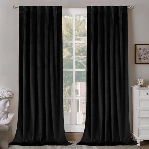 BGment Black Velvet Blackout Curtains for Living Room 84 Inch Long Thermal Insulated Noise Reducing Loops Back and Rod Pocket Luxury Panels for Bedroom 2 Panels 42 x
