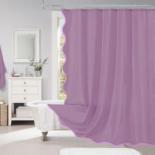 ORTIGIA Purple Scalloped Shower Curtain, Purple Lavender Shower Curtains Pretty Elegant Cute Modern Aesthetic Waterproof Fabric Bath Bathroom Decor with Metal Hook 72 W x 72 H Inch