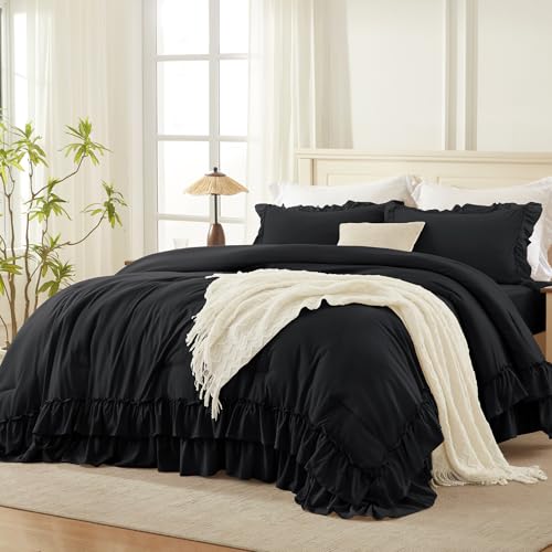 Andency Black Ruffle Comforter Set Queen Size, 3 Pieces - Soft Lightweight Fluffy Polyester, Farmhouse Shabby Chic, All Season Bedding Comforter Set (1 Comforter and 2 Pillowcases)