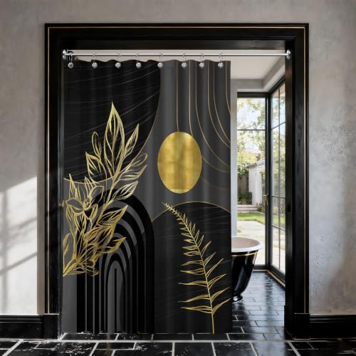 "QGHOT Black and Gold Shower Curtain Boho Mid Century Black and Dark Grey and Gold Shower Curtains for Bathroom Decor, Waterproof Cloth Fabric with Hooks, 48"" W x 72"" L"