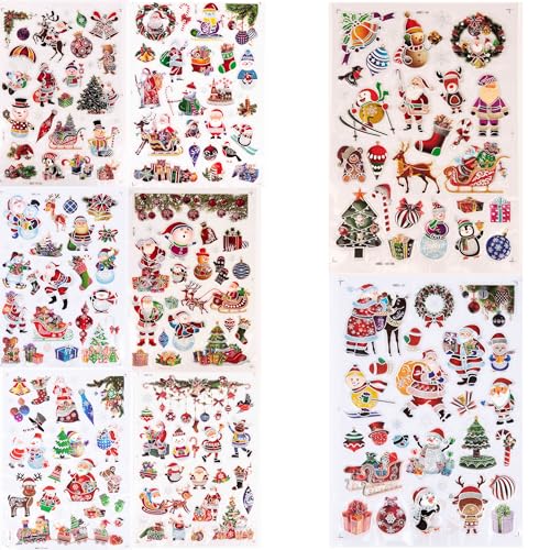 3D Christmas Window Stickers Metallic Colourful - 8 Assorted Sheets Christmas Window Decorations Clings Reusable Glass Snowflakes Sticker Christmas Scene, PVC Static Xmas Window Display Decals