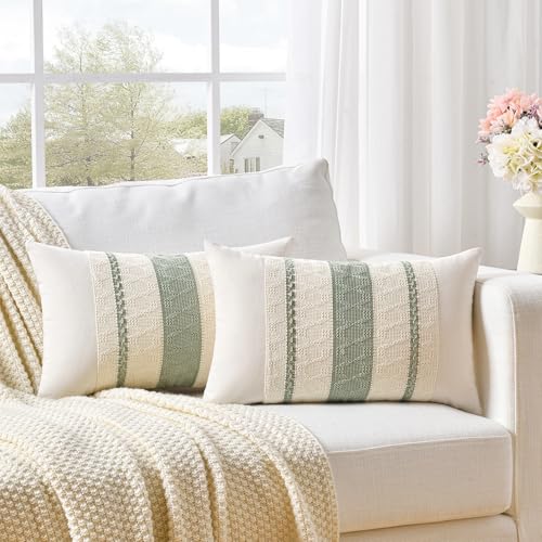 Fancy Homi Set of 2 Sage Green Boho Lumbar Decorative Throw Pillow Covers 14x24 Inch for Living Room Bedroom Couch Bed Sofa, Rustic Retro Cushion Case, Bohemian Room Home Decor