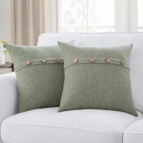 Meekio Set of 2 Dark Sage Square Pillow Covers 16 x 16 Farmhouse Boho Pillow Covers with Coconut Buttons for Sofa Couch Living Room Bedroom Farmhouse D??cor for The Home