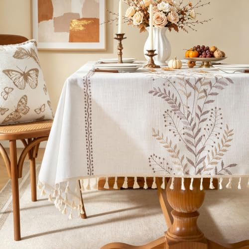 Laolitou Table Cloth Rectangle, Embroidery Heavy Duty Cotton Linen Tablecloth, Farmhouse Rustic Waterproof Wrinkle Free Tablecloths with Tassels, Coffee Fern, 55??120 Inch