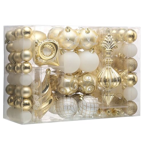 Valery Madelyn Christmas Tree Ornaments for Valentines Day, 100ct White and Gold Shatterproof Christmas Tree Decorations, Elegant Hanging Ball Ornaments Bulk for Xmas Holiday Wedding Decor