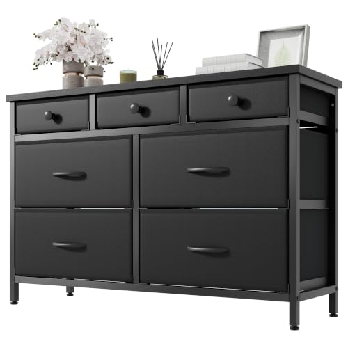 Feonase Chest of Drawers With 7 Storage Drawer, Sturdy MDF Top and Steel Frame, Modern Fabric Chest of Drawers for Bedroom, Black