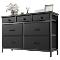 Feonase Chest of Drawers With 7 Storage Drawer, Sturdy MDF Top and Steel Frame, Modern Fabric Chest of Drawers for Bedroom, Black