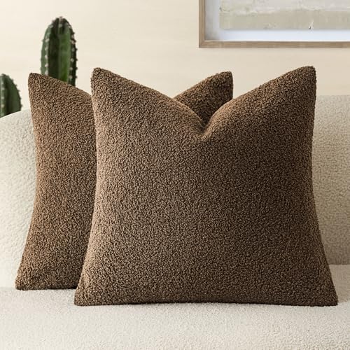 Foindtower Pack of 2, Curly Faux Fur Decorative Throw Pillow Covers Soft Fuzzy Plush Cushion Case with Zipper Cozy Pillowcase for Home Living Room Couch Bed Sofa 18 x 18 Inch,Dark Brown