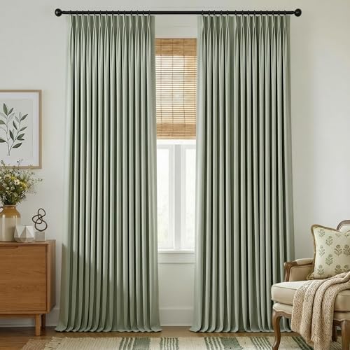 Mrs.Naturall Pinch Pleated Drapes 108 Inches Long 2 Panels,Blackout Light Green Pinch Pleat Curtains