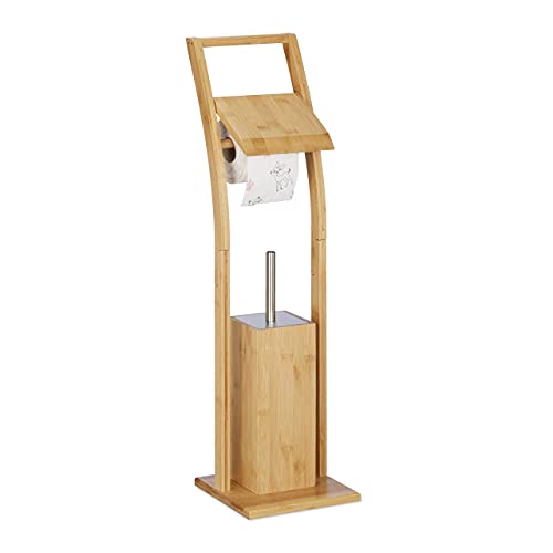 Relaxdays Toilet Roll Holder, Free-standing, Wooden, Bamboo, Brush Storage, Suite Set, HxWxD: 74x20x20 cm, Natural