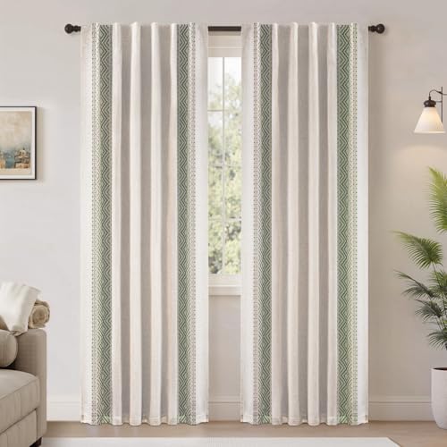 DriftAway Boho Linen Blackout Curtains Double Layer Thermal Insulated Farmhouse Vintage Geo Retro Square Printed Pattern Lined Drapes for Living Room Bedroom 84 Inches Back Tab 2 Panels Loden Green