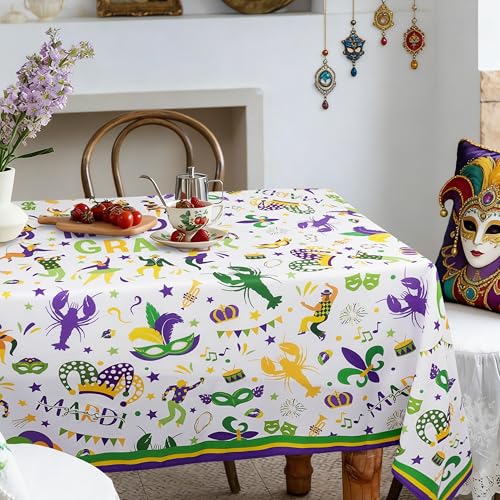 "Virtumob Mardi Gras Tablecloth Decoration Tablecloths, Purple Green Yellow Table Covers, Waterproof Table Cover for Dinner Kitchen Party Holiday Decor 60""x 84"" Oblong/Rectangle"