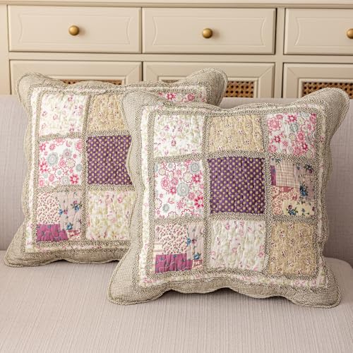 "vctops Set of 2 Quilted 100% Cotton Boho Throw Pillow Covers 18"" x 18"" Farmhouse Country Floral Patchwork Decorative Cushion Cover, Patchwork Flower E"