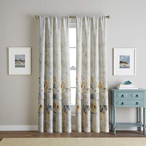 CHF Watercolor Floral Print Flip Over Rod Pocket Curtain Panel, 95-inch, Gold