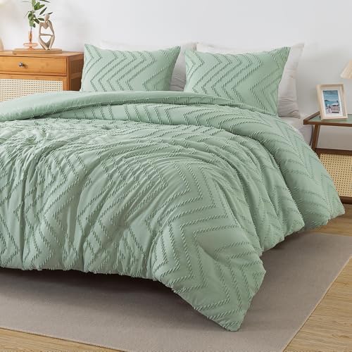 Andency Sage Green Comforter Set Queen Size, 3 Pieces Boho Bed Set - Soft Warm Bedding Comforter Sets for Queen Size Bed, Aesthetic Chevron Cute Bohemian Textured Lightweight Bedding Set