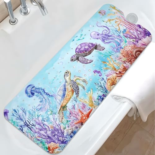 Ocean Animals Bathtub Mat Non Slip, Sea Turtle Baby Bath Mat for Tub Rubber Tub Mat, Cute Toddler Kids Bath Mats for Bathroom Anti Slip Shower Mat with Suction and Drain Holes Machine Washable,40???x16???