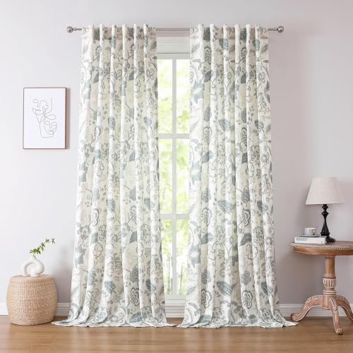 "Kayne Studio Blue Grey Curtain Panels Linen Textured Botanical Leaf Print Floral Farmhouse Linen Curtain Drapes Light Filtering Window Treatments Living Room Bedroom Rod Pocket Back Tab,52""x108""x2"