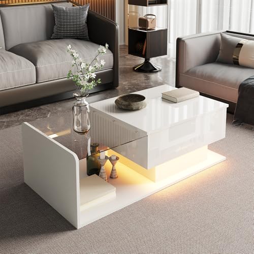 Ball & Cast Lift Top Coffee Table with Storage, High Gloss LED Side Table for Living Room, Bedroom or Reception, Space-Saving Design, MDF + Glass, White, 100×50×33cm