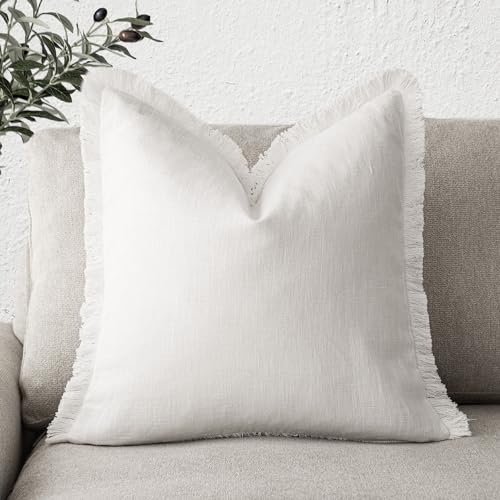 Foindtower Decorative Linen Fringe Throw Pillow Covers Cozy Boho Farmhouse Cushion Cover with Tassel Soft Accent Pillowcase for Chair Sofa Bed Living Room Home Decor, 18??18 Inch, 1PC, Cream White