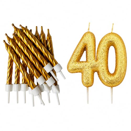40th Birthday Gold Candle Kit, Glitter Number 40 Candle with 12 Metallic Spiral Cake Candles and Holders, Birthday Cake Decorations, Pack of 13