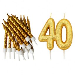 40th Birthday Gold Candle Kit, Glitter Number 40 Candle with 12 Metallic Spiral Cake Candles and Holders, Birthday Cake Decorations, Pack of 13