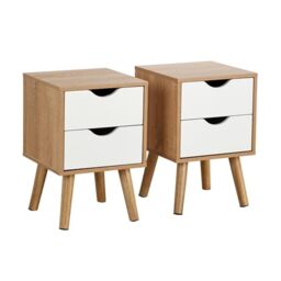 Home Source Pair Of Bedside Cabinets 2 Drawer White And Oak Effect Side Table Solid Wood Legs Modern Style