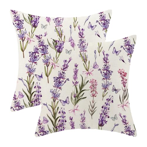 OFIRD Spring Floral Pillow Covers 18x18 Pack of 2 Purple Lavender Butterfly Throw Pillow Covers Outdoor Decoration Summer Flower Pillowcase Farmhouse Decorative Linen Cushion Case for Home Couch Sofa