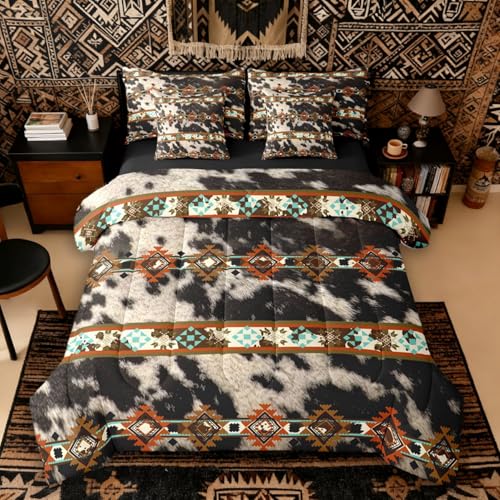 Cowhide Western King Size Comforter Set with Sheets - Brown Highland Cow Print 7-Piece Bedding Set Exotic Aztec Diamond Farm Animals Bed in a Bag, Bull Cattle Skin Bed Sets,Cowboys Gifts for Men