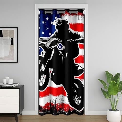 "Dirt Bike Doorway Curtain 34""W X 80""L Motocross Door Curtain Retro American Flag Blackout Curtain For Kids Boys Teens Men Grunge Room Decor,Extreme Sports Tie Dye Motor Biker Motorcycle Curtain"