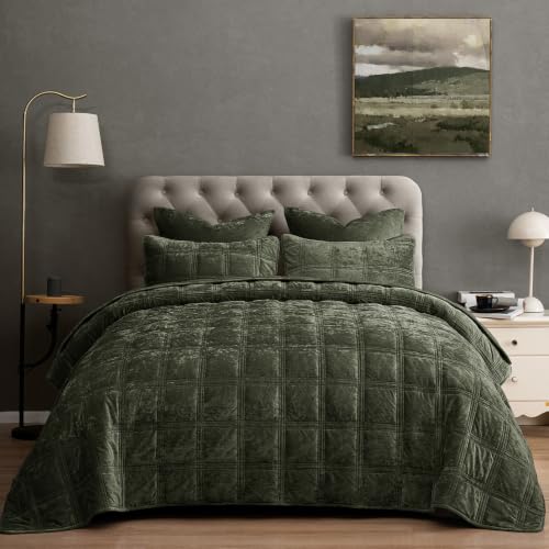 "PHF Ultra Soft Velvet Quilt Set King Size 108"" x 92"" - 3PCS Luxurious Cozy with Diamond Pattern, Breathable Quilted Bedspread, Home Decor Gift, 1 Coverlet with 2 Matching Shams, Smokey Olive"