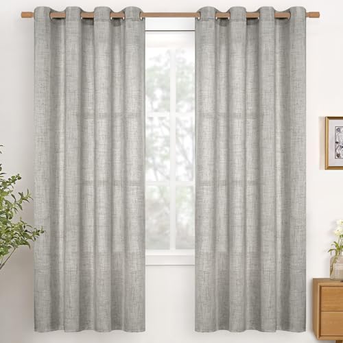 YoungsTex Dark Grey Linen Curtains 72 Inch Length for Living Room, Textured Semi Sheer Window Drapes with Bronze Grommet Light Filtering for Bedroom Dining, 2 Panels, 52 X 72 Inch