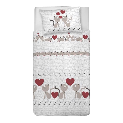 PENSIERI DELICATI Single Duvet Cover Set, 100% Cotton, Complete with 155 x 200 cm Bag and 1 Pillowcase 52 x 82 cm, Made in Italy, Duvet Cover Machine Washable At 40 Degrees, Beige Cats Design