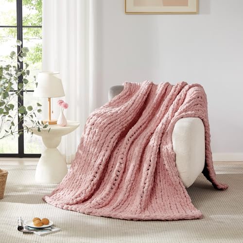 L'AGRATY Chunky Knit Throw Blanket for Couch, 72 x 84 Inches, Rose Pink - Handmade Chenille Crochet Blanket for Sofa Bed, Thick Cable Knitted Blankets for Room Home Decor, Birthday Gift for Women Mom