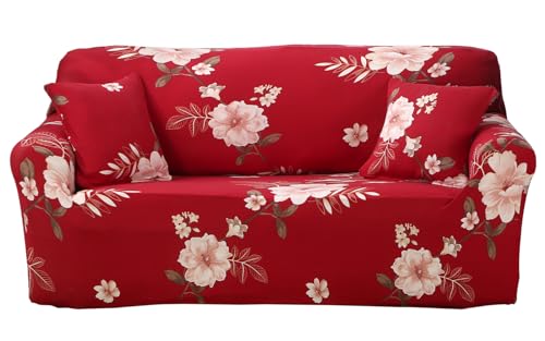 Celevingne Printed Couch Cover Stretch Sofa Cover Sofa Protector for Sofa-3 Seater Elastic Sofa Slipcover with 1 Pillowcase (Beautiful Years Red, Sofa-4 Seater)