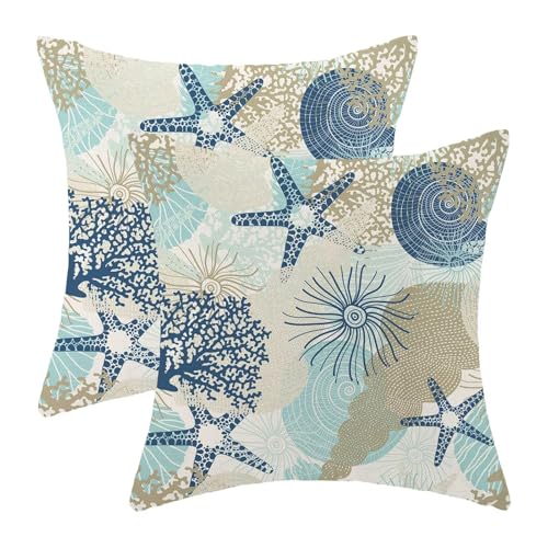 Nautical Coastal Throw Pillow Cover 22 x 22 Inch Pack of 2,Summer Beach Ocean Themed Decorative Pillow Covers Square Linen Starfish Seashell Pillow Cases Cushion for Bedroom Home Sofa Decoration