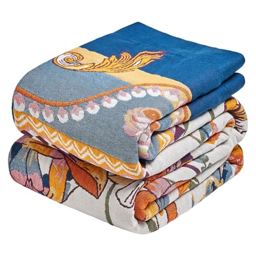 "Wzvzss Boho Throw Blanket - 50""x60"" 100% Cotton Ultra Soft Lightweight Blanket, 4-Layer Breathable Muslin Blankets for Bed Couch, Reversible Yellow Floral Printed Bohemian Cotton Quilt"