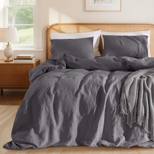 LBRO2M 100% France Linen Duvet Cover Set Full Size 3 Pcs Natural Flax Comforter Cover with Zipper Closure 2 Pillowcase Breathable Duvet Cover (Dark Gray Full)