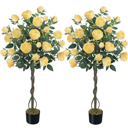 "HUAESIN 2 Pack 47.2""/4FT Artificial Rose Tree Fake Outdoor Tree with 52 Blooming Flowers Yellow Tree for Home Front Door Winter Christmas Indoor Decor (Including Dried Moss)"