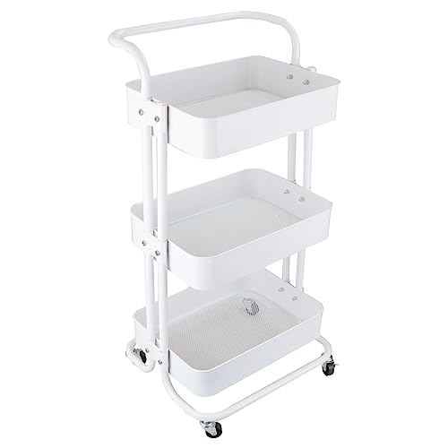 ASelected Metal Storage Trolley, 3 Tier Storage Trolley on Wheels, Lockable Wheels Kitchen Trolley, White Rolling Utility Cart with Handle for Bathroom Kitchen Living Room Office