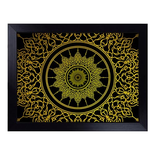 Lap Tray with Bean Bag Cushion, Ornamental Circles In Gold - Handmade in the UK, Raised Wooden Edge, Padded Cushion, Heat-Resistant Wipe-Clean Surface, for Meals, Laptops and Crafts