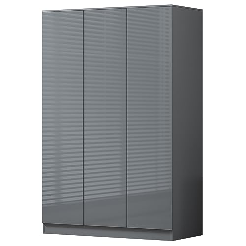 FWStyle Gloss Dark Grey 3 Door Wardrobe with Soft Close Hinges, Scandinavian Modern Bedroom Storage Furniture with Hanging Rail and Shelving, Scratch Resistant Finish, W120 x H180 x D50cm