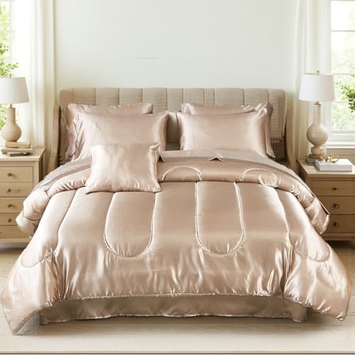 Bedding_Dreamer Satin Comforter Set Queen Size, 8 Piece Bed in a Bag Taupe with Sheets, Silky Soft Polyester Satin Bedding Set, Lightweight, 16 Inch Deep Pocket, Luxury Hotel Style
