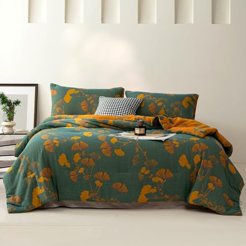 "Purefair 100% Cotton Muslin Jacquard Comforter Set, Floral Ginkgo Leaves Print, Soft Lightweight Reversible 3 Piece Bedding Sets for All Season, Green Yellow, Full/Queen(90""x90"")"