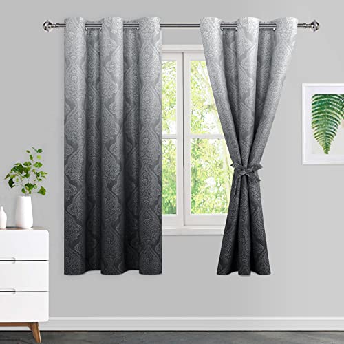 JIUZHEN Damask Ombre Blackout Curtains for Bedroom???Thermal Insulated, Energy Saving & Noise Reducing Gradient Grommet Curtains for Living Room, Black, W 42 x L 63 Inch, Set of 2 Panels with Tiebacks