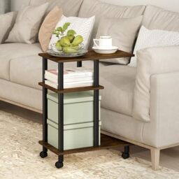 Furinno TURN-N-TUBE Side Table, 3-Tier C-Shape End Table with Wheels, Toolless Assembly Night Stand, Bedside Table with Open Shelf, for Living Room, Bedroom, Amber Oak/Black